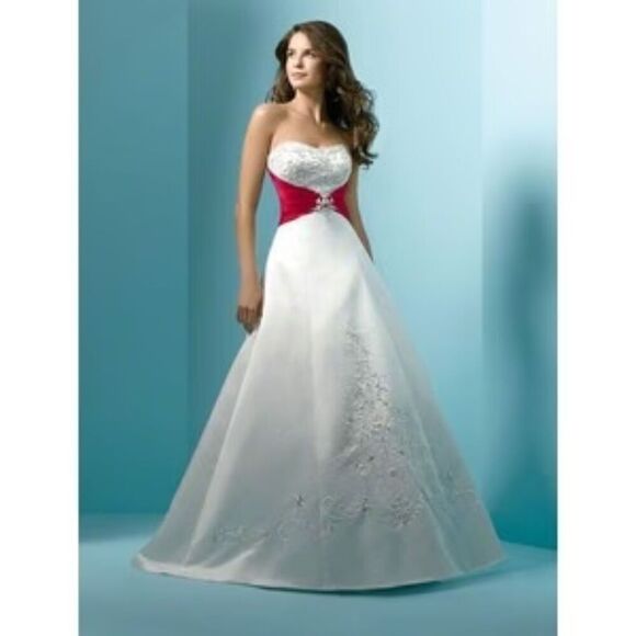 NWT ALFRED ANGELO White Red Satin Beaded Strapless Zip Back Wedding Dress Size 6 - Picture 1 of 12